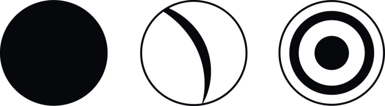 Set of three minimalist black and white circular geometric icons featuring solid circle abstract crescent curve and concentric target ring shapes