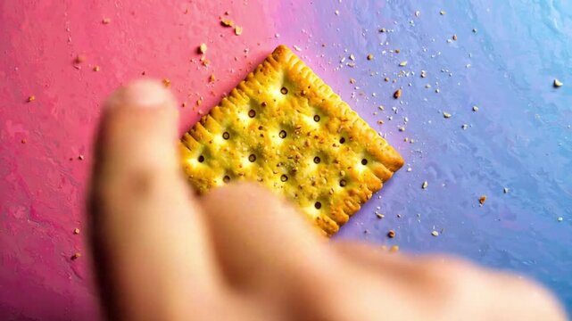 Close up of a square cracker on a colorful background with a hand reaching