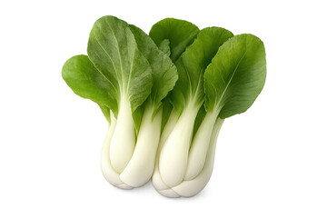 Fresh bok choy vegetables on transparent background, showing green leaves and white stalks, healthy raw food ingredient