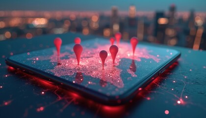 Smartphone displays world map with red location pins. Glowing digital lines connect points on global network. Futuristic cityscape lights in background.