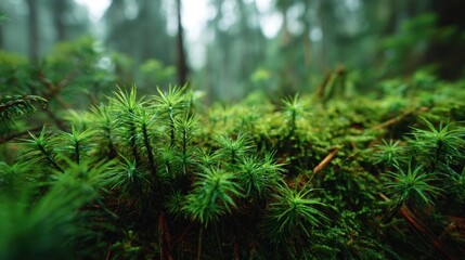 Close-up of forest floor moss with blurred trees in the background showcasing a damp, natural environment