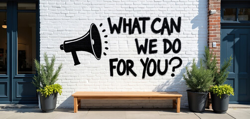 Graffiti text What Can We Do For You on a brick wall next to a megaphone illustration. Outdoor urban setting with plants and bench. Text is black spray paint.