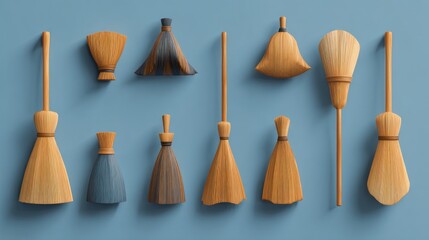 Assorted brooms, various shapes and color schemes, arranged on a muted blue background
