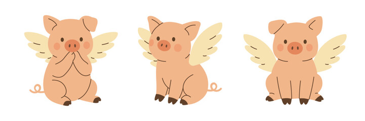 Flying piglets with wings. Cute piglet vector collection illustration for fantasy designs, kids books, and playful farm art © Lifeking