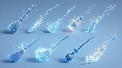 Nine digital renderings of stylized, light-blue brooms, with ethereal wisps and sparkles.  Each broom is in a different position, conveying a sense of movement and magic