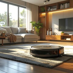 Robot vacuum cleaning a modern living room, a sunny day outside, cozy indoors