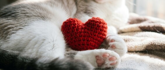 Close up of a fluffy cat paws resting next to a small bright red knitted heart shape on a soft blanket in warm light love kitten pet animal crochet cute feline domestic mammal warmth