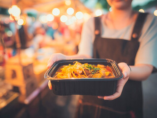 A vendor hands us a container of Laksa, spicy noodle soup, at a local food market.