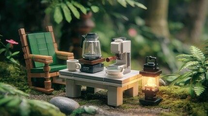 Naklejka premium Miniature LEGO coffee break in lush, mossy nature setting with chair, table, kettle, coffeemaker, mugs, and lantern