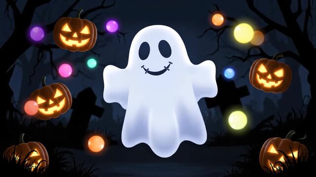 A smiling white ghost surrounded by glowing jack-o-lanterns and colorful lanterns in a spooky nighttime scene with bare trees and a dark background.