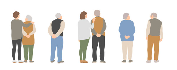 自立したシニアの後ろ姿イラストセット 日常の暮らしと見守り