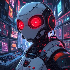 Robot with glowing red eyes in a neon city command center, surrounded by screens and complex tech details