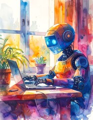 Robot works on a laptop near a window, watercolor style