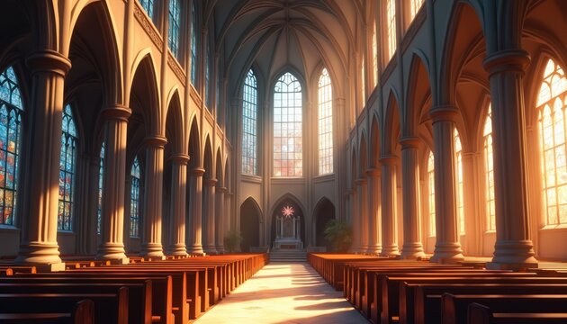 Grand cathedral interior with tall arched windows, rows of wooden pews. Sunlight streams through stained glass, illuminating vast sacred space. Majestic columns support vaulted ceilings, creating