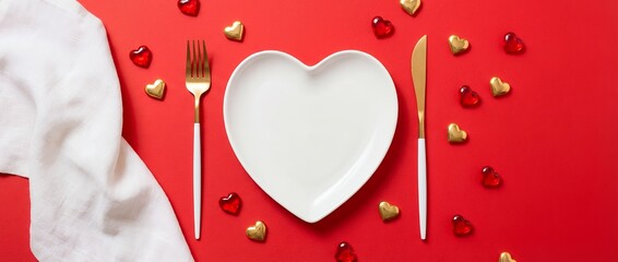 Overhead view of a white heart shaped plate set for dining with gold silverware and scattered small red and gold heart decorations on a vibrant red surface Valentines Day heart plate