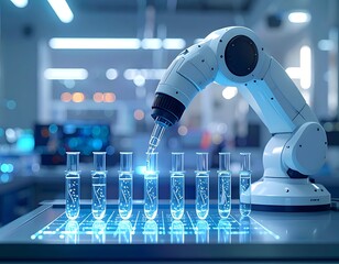 Robotic arm precisely placing liquid samples in test tubes on a grid with glowing blue light in a bright lab