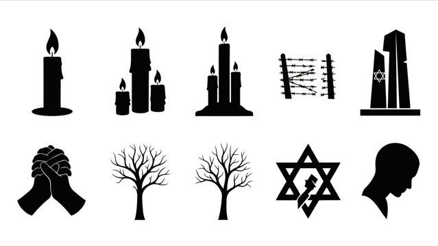 Solemn Holocaust Remembrance Vector Icons Jewish Symbols and Memorial Silhouettes.eps