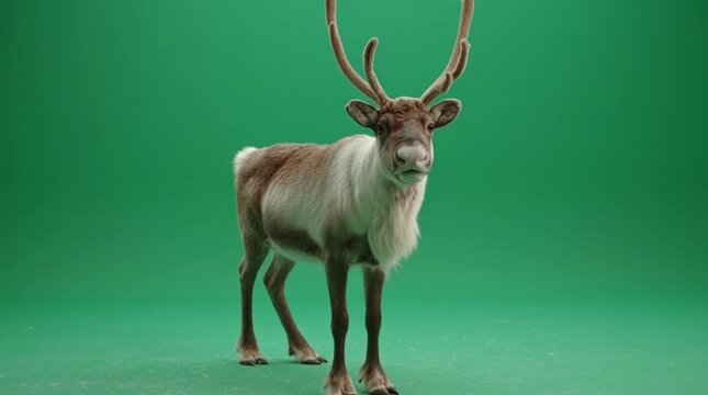 A majestic reindeer stands confidently against a vibrant green screen backdrop, showcasing its impressive antlers and winter coat