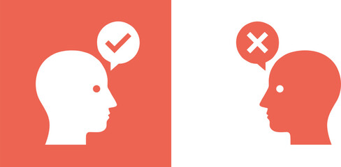 Human head profile silhouettes with speech bubbles containing check and cross symbols representing positive thinking decision making right wrong and mental health concepts