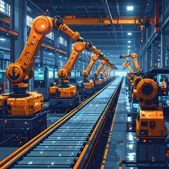 Robotic arms line a conveyor belt in a modern, high-tech industrial setting, with a cool blue and orange color scheme