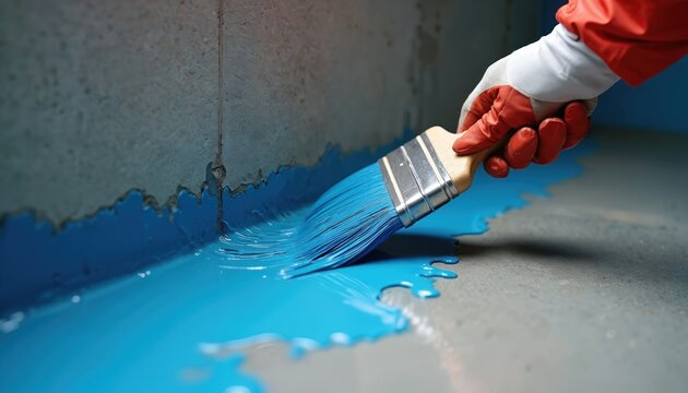 Hand wearing glove applies blue liquid waterproofing to concrete floor and wall base. Construction worker ensures surface protection against moisture, preparing for tiling in a building or basement.