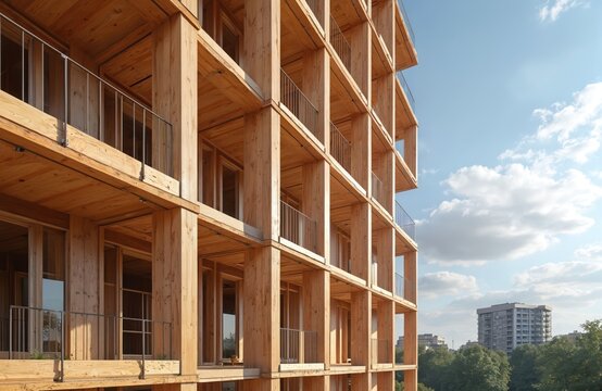 Massive timber building construction frames residential floors, balconies. Sustainable wood structures ascend skyward, showing modern eco architecture. Future housing development stands against blue