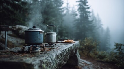 Two cooking pots steam on a stone surface outdoors, near an evergreen forest shrouded in fog, hinting at a remote camp