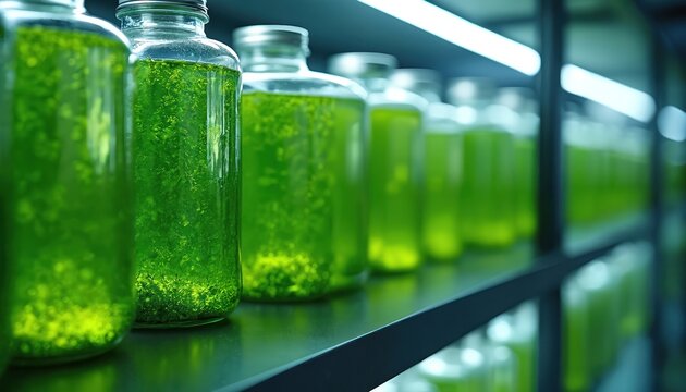 Row of bioreactor jars hold vibrant green algae cultures for bio energy production. Scientific research lab setting with glowing lights. Clean fuel cultivation.