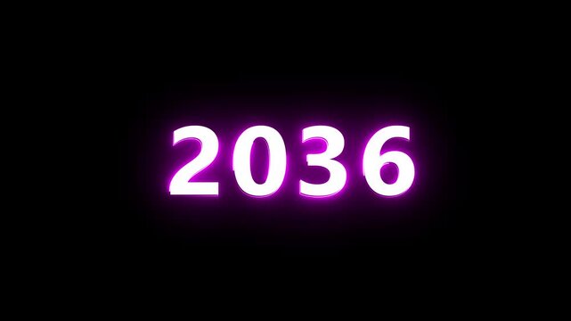 New year 2036 neon text animation. New year count number on black background.  Concept of new year beginning, happy celebration. Neon upcoming new year animated. 