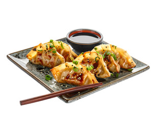 gyoza on plate with sauce isolated on transparent png