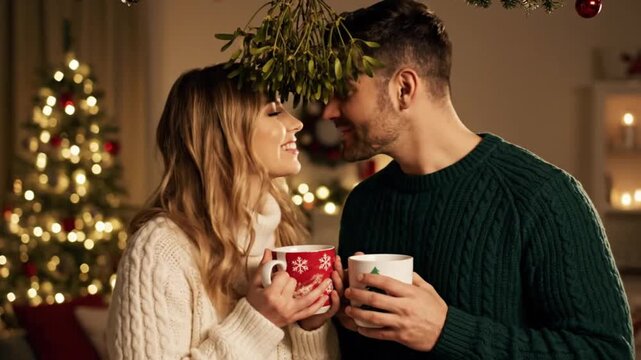 Happy couple enjoying hot drinks under mistletoe at Christmas