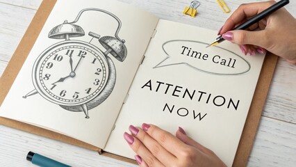 Woman writing time call in notebook with drawing of clock