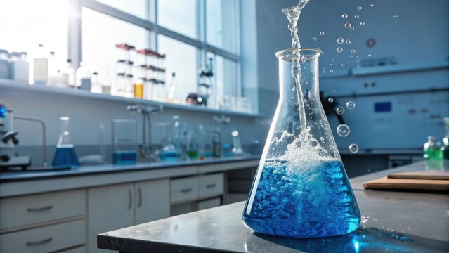 Water pouring into a blue chemical solution in a lab flask