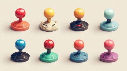 Eight colorful retro game controllers arranged in two rows. Each joystick features a colored ball top and a circular base
