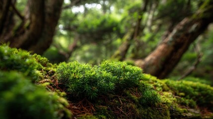 Fototapeta premium Lush, vibrant green moss and foliage dominate a close-up, with blurred, mature trees in the background, creating a dreamy woodland scene