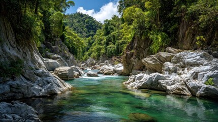River flows between rocky banks, lush green forest hills under a blue sky with white clouds