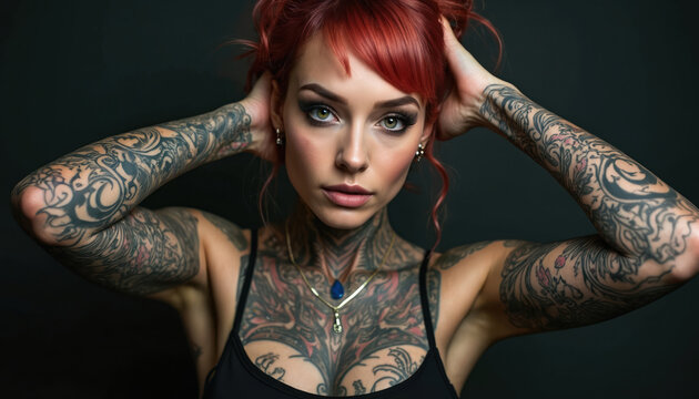 Woman with full body tattoos and red hair posing with hands behind head. Her skin art includes intricate designs on arms chest and neck. She wears a necklace.