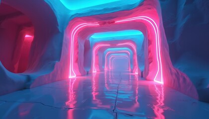Abstract futuristic corridor with pink and blue neon lights. Shiny wet floor reflects glowing geometric shapes in a virtual tunnel. Modern abstract background for tech themes.