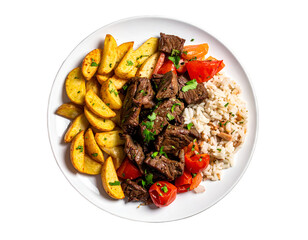 Peruvian traditional food. A beef with tomatoes, onion, rice and fried potatoes, Lomo saltado, isolated on transparent png