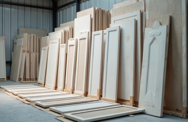 Naklejka premium Manufactured wooden door panels stored in workshop ready for assembly, finishing. Woodworking process involves raw materials, construction, production stages. Furniture elements await transformation.