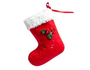 Red stocking with white trim, holly, and berries