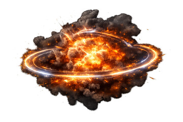 Fire Explosion with Energy Ring Isolated on Transparent Background Cinematic Blast with Shockwave Ring Cut Out PNG
