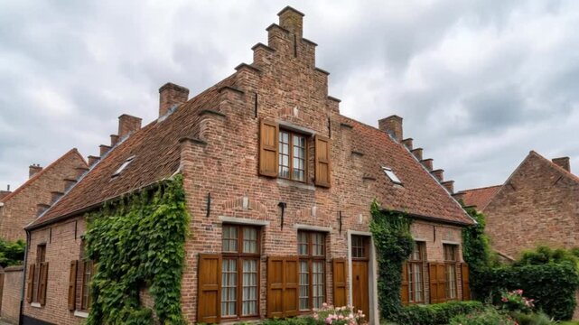Traditional English country house and old village cottage set along a medieval street with ancient facades and classic windows