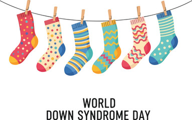 Colorful socks with various patterns hanging on a clothesline, symbolizing World Down Syndrome Day. Perfect for awareness campaigns, educational materials, and social media posts.