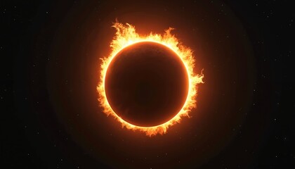 Fototapeta premium Solar eclipse appears with bright orange flames around. Dark cosmic background with tiny stars. Celestial event shows suns corona fiery aura.