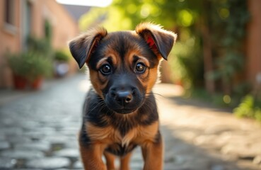 Small brown and black puppy walks on cobblestone street. Cute doggy with big eyes explores town on sunny summer day. Animal looks curious, adorable pet.
