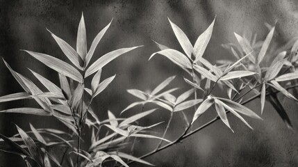Grayscale image captures delicate bamboo foliage. Linear leaves extend from thin stems against a blurred, textured backdrop. Light & shadow interplay