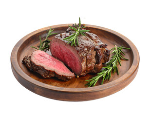 Roast Beef with Rosemary on Wooden Plate isolated on transparent png