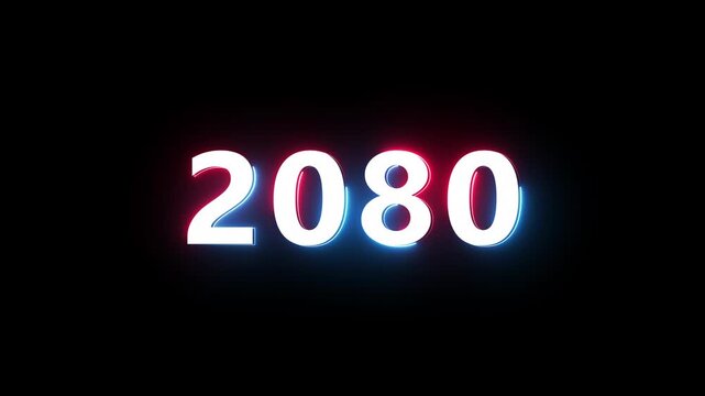 New year 2080 neon text animation. New year count number on black background.  Concept of new year beginning, happy celebration. Neon upcoming new year animated. 