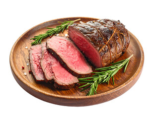 Roast Beef with Rosemary on Wooden Plate isolated on transparent png